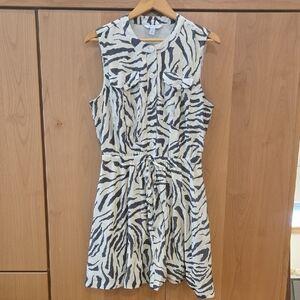Nine West Black and White Zebra-Print Sleeveless Mini Dress, Waist Tie, L, Lined